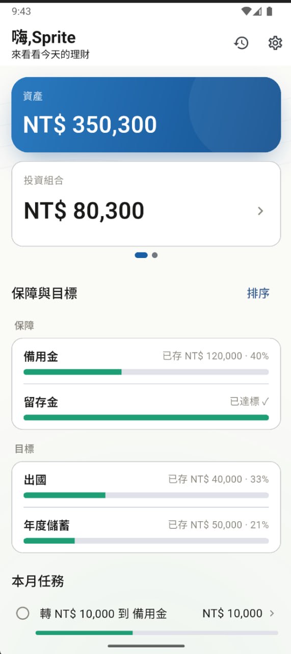 WealthLens home — a single-scroll dashboard with an asset hero card, a swipeable investment sub-card, protection and goal progress bars, and this month's tasks.
